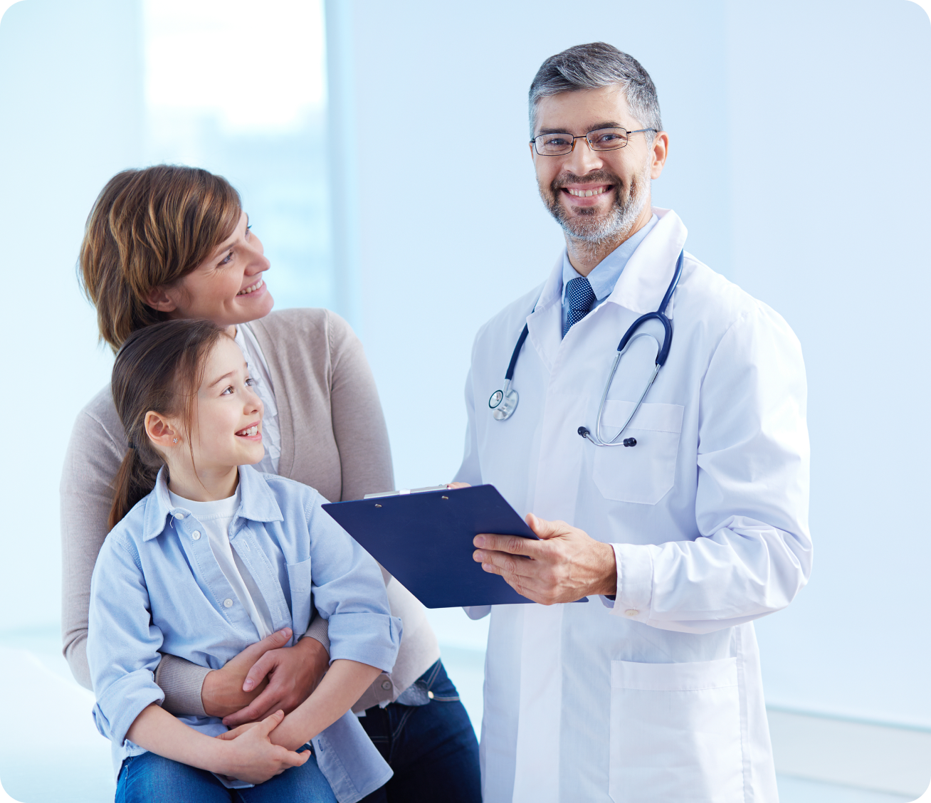 happy doctor holding a clipboard with patients